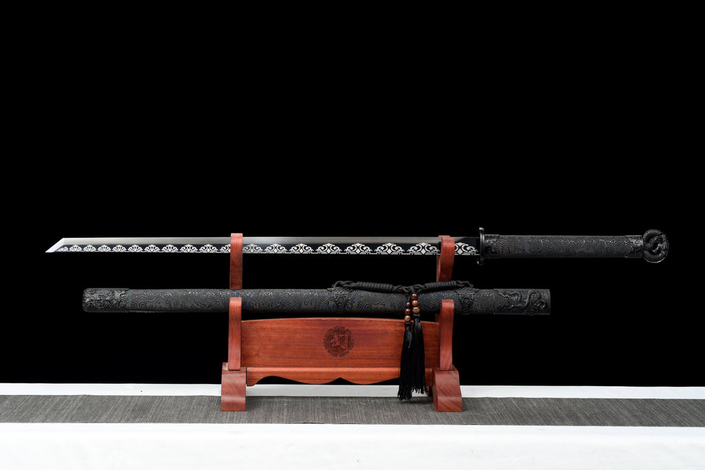 Handgefertigtes Ninjato-Schwert, Federstahl, Full Tang, schwarze Scheide - 107 cm, echtes Katana-Schwert