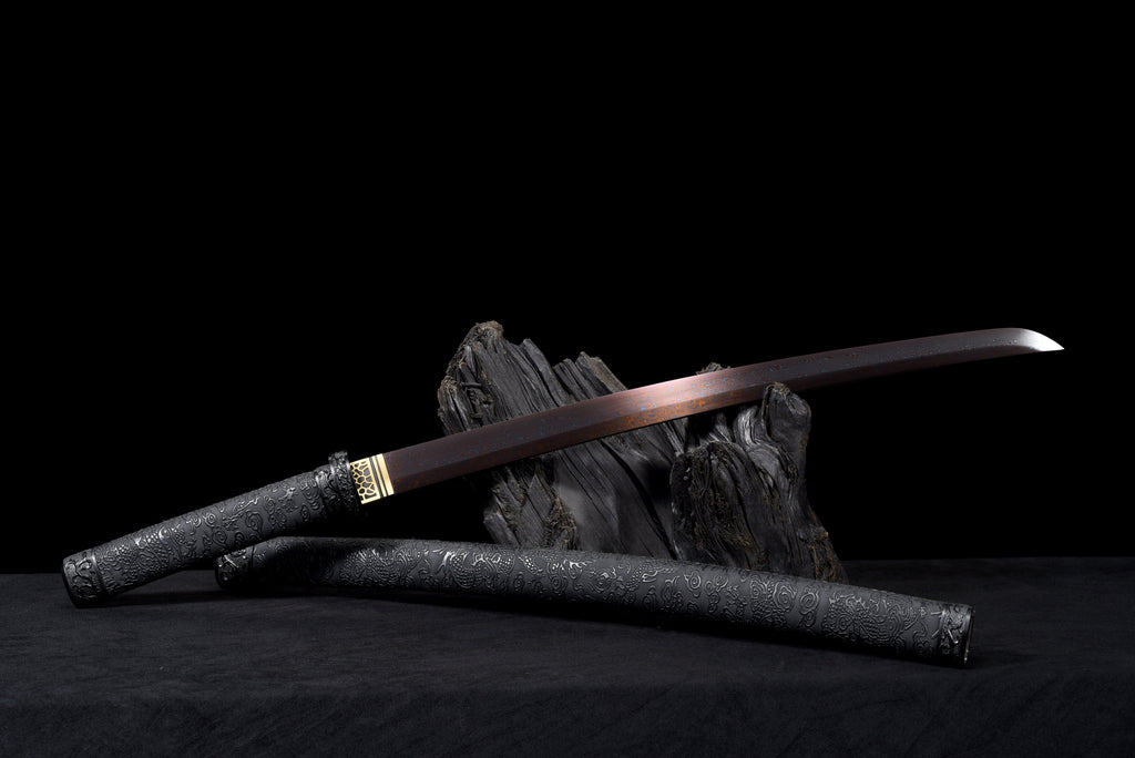Handgefertigtes Wakizashi-Schwert aus rotem Damaszener Stahl mit schwarzer Lederscheide – 79 cm, echtes Katana-Schwert