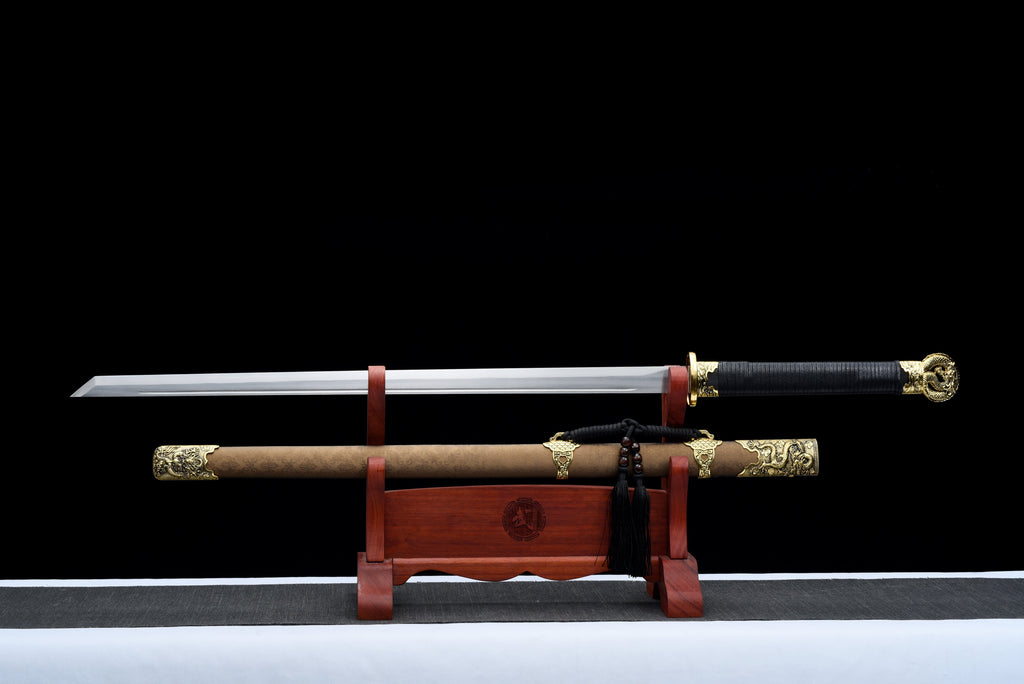 Handgefertigtes Ninja-Schwert, Klinge aus Manganstahl, Full Tang, goldene Lederscheide – 107 cm, echtes Katana-Schwert