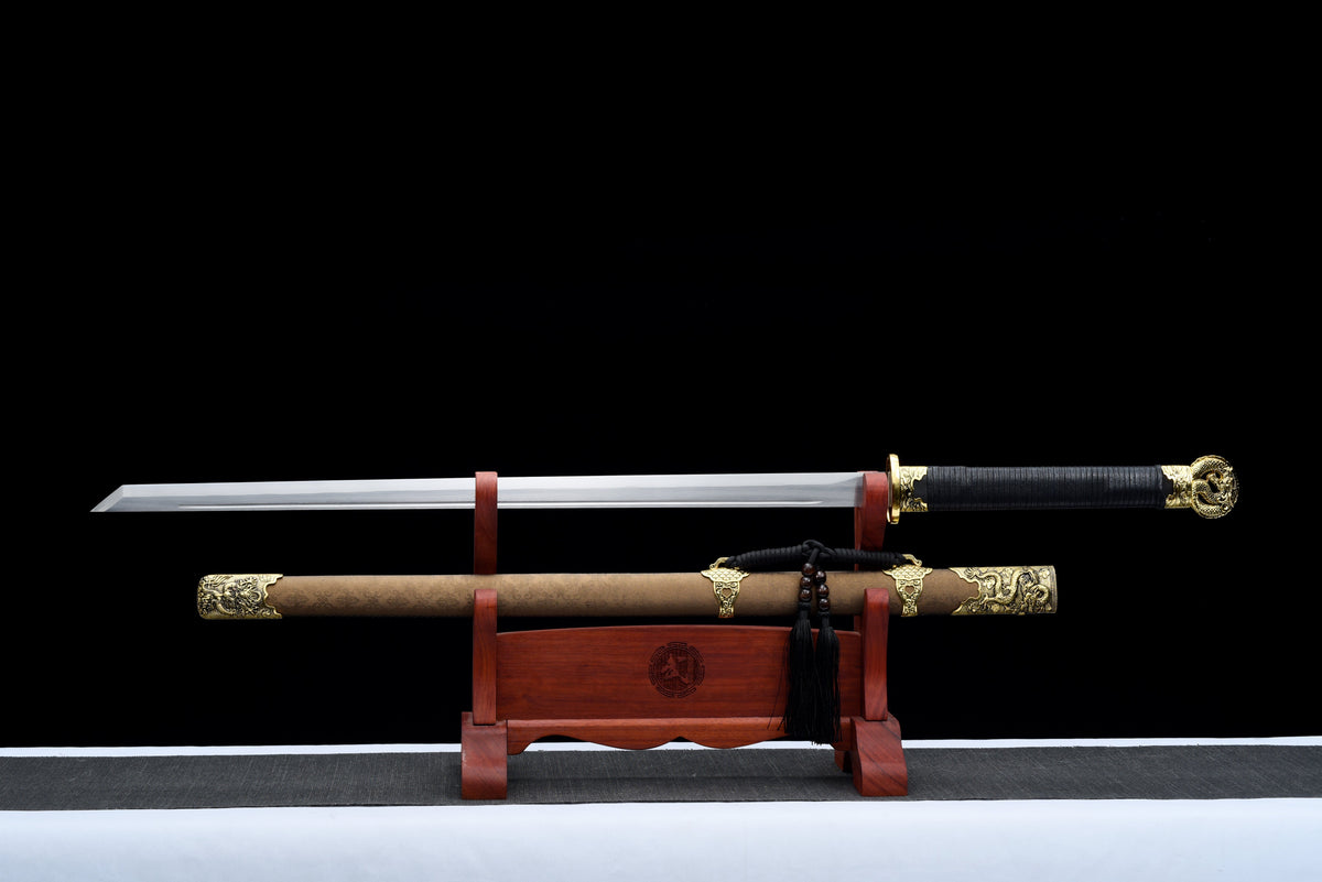 Handgefertigtes Ninja-Schwert, Klinge aus Manganstahl, Full Tang, goldene Lederscheide – 107 cm, echtes Katana-Schwert
