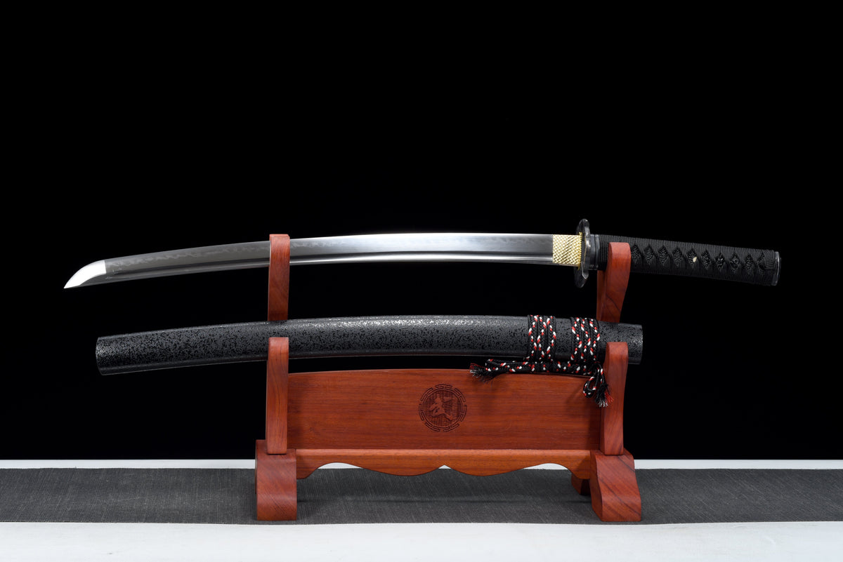 Handgefertigtes Full-Tang-Wakizashi-Schwert, T10-Stahl, lehmgehärtete Klinge, schwarze Scheide – 31 Zoll, echtes Katana-Schwert