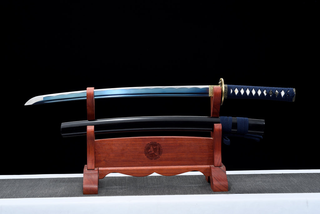 Handgefertigtes Wakizashi-Schwert aus 1045 Kohlenstoffstahl mit blauer Scheide – 31 Zoll, echtes Katana-Schwert
