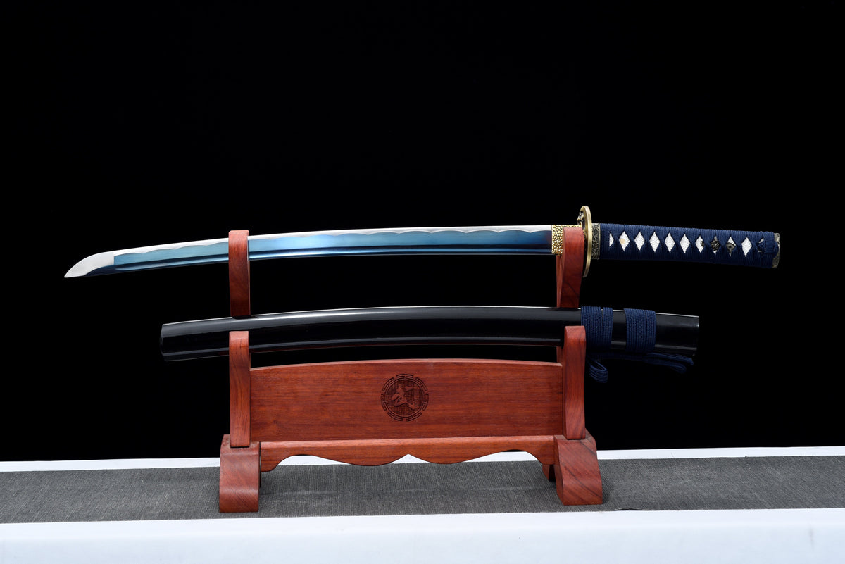 Handgefertigtes Wakizashi-Schwert aus 1045 Kohlenstoffstahl mit blauer Scheide – 31 Zoll, echtes Katana-Schwert