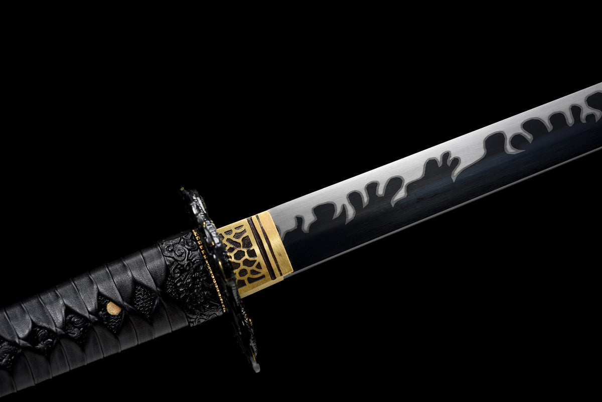 Handgefertigtes Ninjato-Schwert, 1095 Kohlenstoffstahl, Full Tang, schwarze Klinge, echtes Katana-Schwert