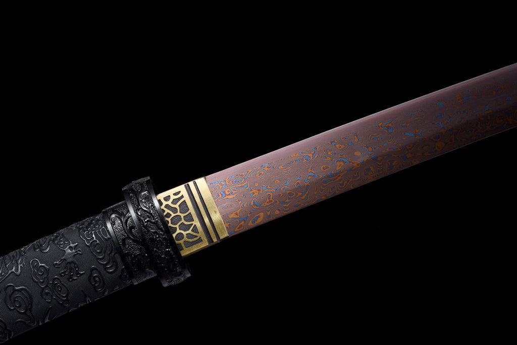 Handgefertigtes Wakizashi-Schwert aus rotem Damaszener Stahl mit schwarzer Lederscheide – 79 cm, echtes Katana-Schwert