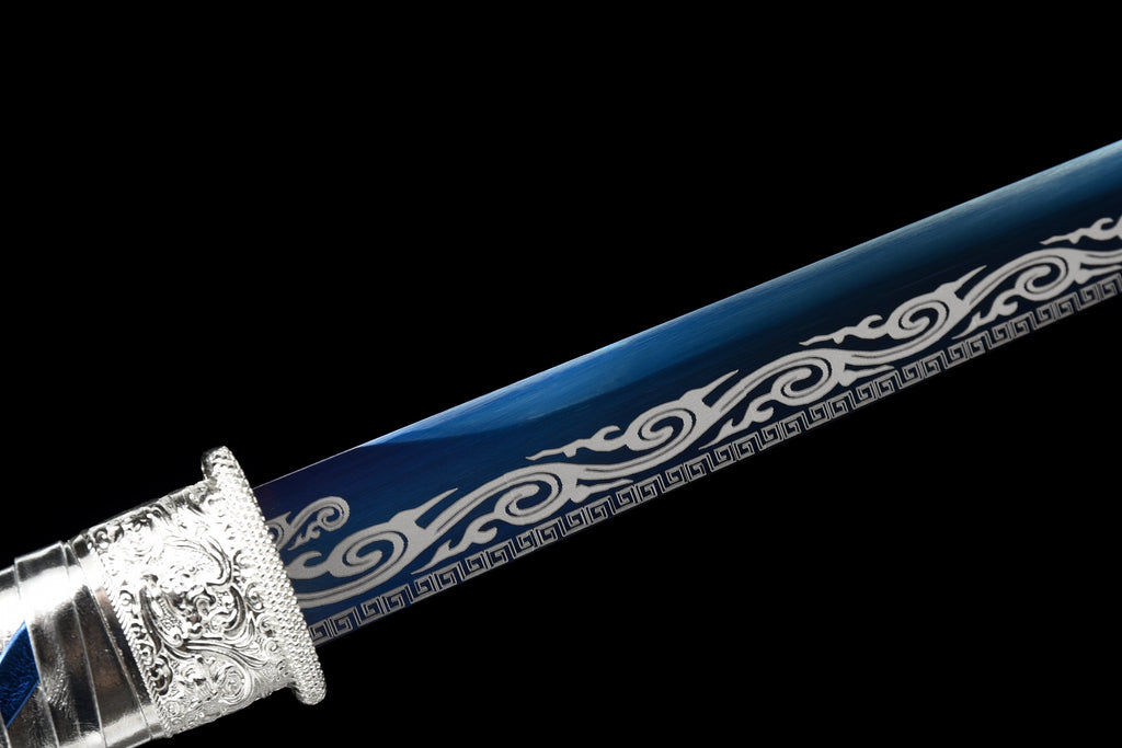 Handgefertigtes Ninja-Schwert, Manganstahl, blaue Klinge, Full Tang, blau bedruckte Scheide - 104 cm, echtes Katana-Schwert