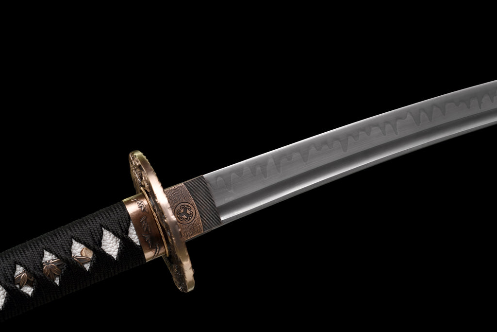 Handgefertigtes Full Tang Wakizashi-Schwert, T10-Kohlen stoffstahl, lehmgehärtete Klinge, rot gefleckte Scheide - 79 cm, echtes Katana-Schwert