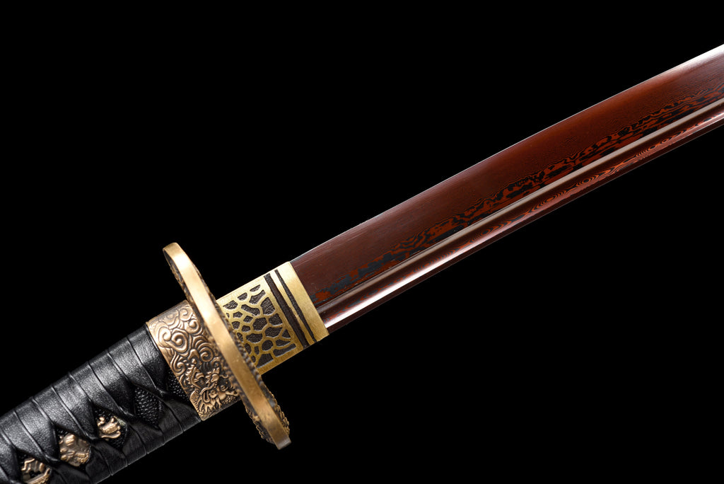 Handgefertigtes Wakizashi-Schwert aus rotem Damaszener Stahl mit schwarzer Lederscheide – 79 cm, echtes Katana-Schwert