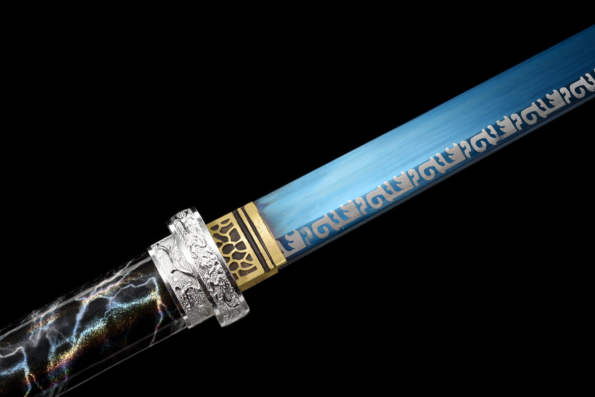 Handgefertigtes Ninja-Schwert, Manganstahl, blaue Klinge, Full Tang, Scheide mit blauem Blitz-Motiv – 104 cm, echtes Katana-Schwert