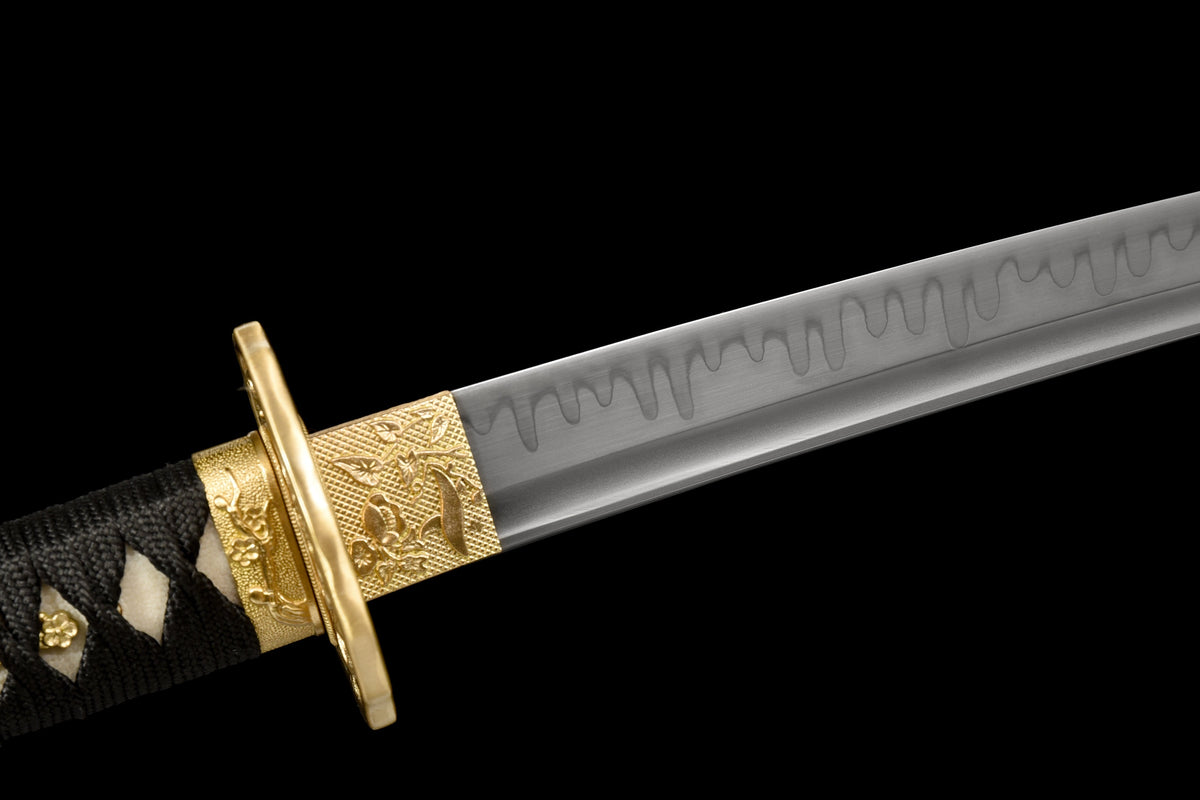 Handgefertigtes Full-Tang-Wakizashi-Schwert aus T10-Kohlenstoffstahl, lehmgehärtete Klinge, rot bedruckte Scheide – 79 cm, echtes Katana-Schwert