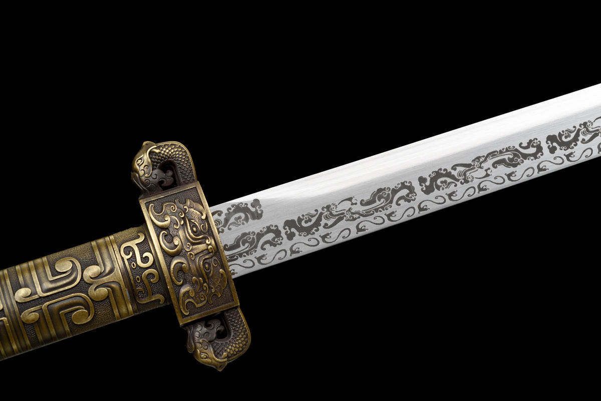 Handgefertigtes Schwert im chinesischen Stil, 1045 Kohlenstoffstahl, Full Tang, schwarze Lederscheide und Griff aus Legierung - 107 cm, echtes Katana-Schwert