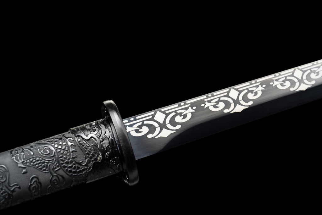 Handgefertigtes Ninjato-Schwert, Federstahl, Full Tang, schwarze Scheide - 107 cm, echtes Katana-Schwert