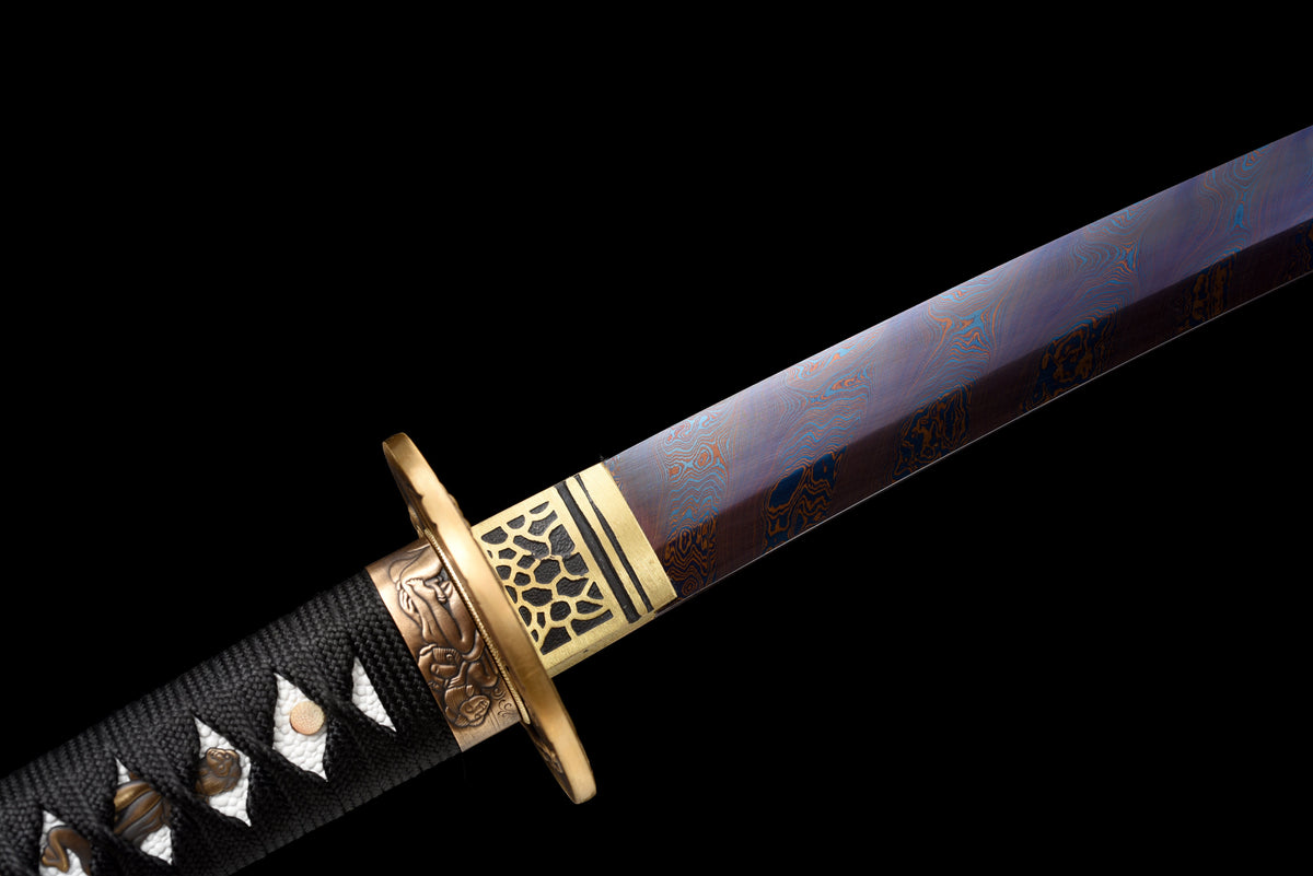 Handgefertigtes Wakizashi-Schwert, blauer Damaszener-Stahl mit schwarzer Scheide – 79 cm, echtes Katana-Schwert