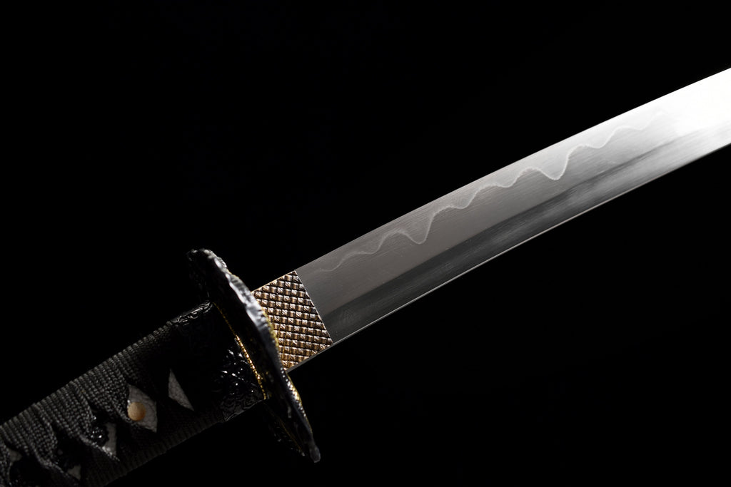 Handgefertigtes Full-Tang Wakizashi-Schwert, Damaszener Stahl, lehmgehärtete Klinge, blaue Scheide – 79 cm, echtes Katana-Schwert