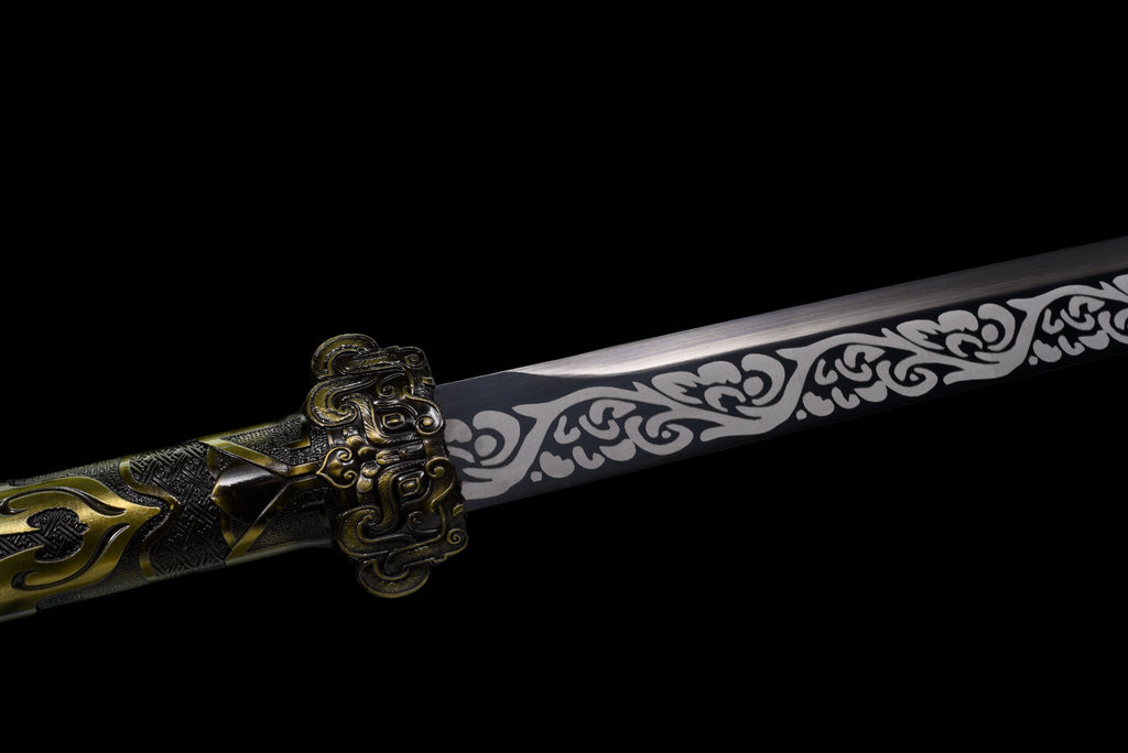 Handgefertigtes Ninjato-Schwert, Federstahl, schwarze Klinge, Full Tang, schwarze Scheide - 100,8 cm, echtes Katana-Schwert