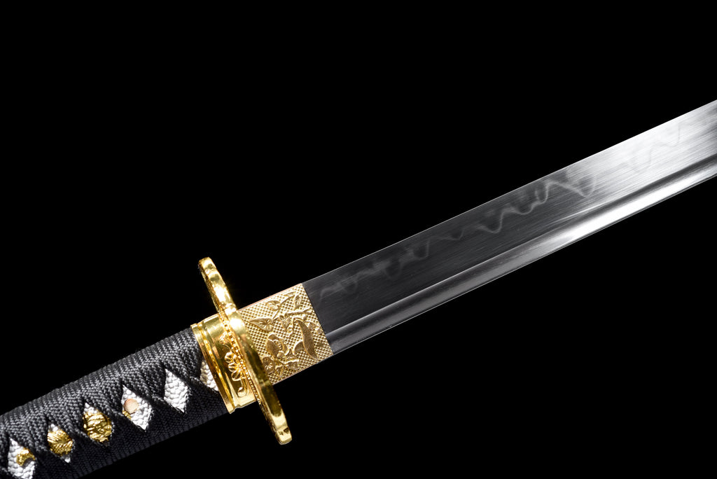 Handgefertigtes Ninja-Schwert, T10-Stahl, echte Hamon-Klinge, Full Tang, goldene Scheide – 104 cm