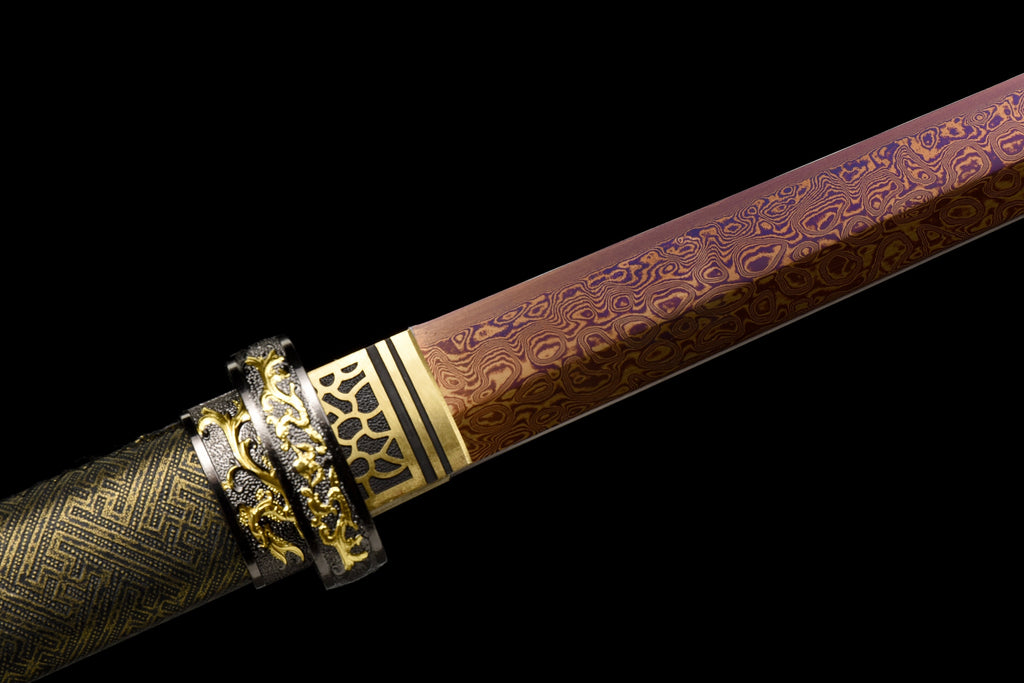 Handgefertigtes Ninjato-Schwert, roter Damaszener-Stahl, Full Tang, Lederscheide und Griff aus Holz mit Lederumwicklung – 104 cm, echtes Katana-Schwert