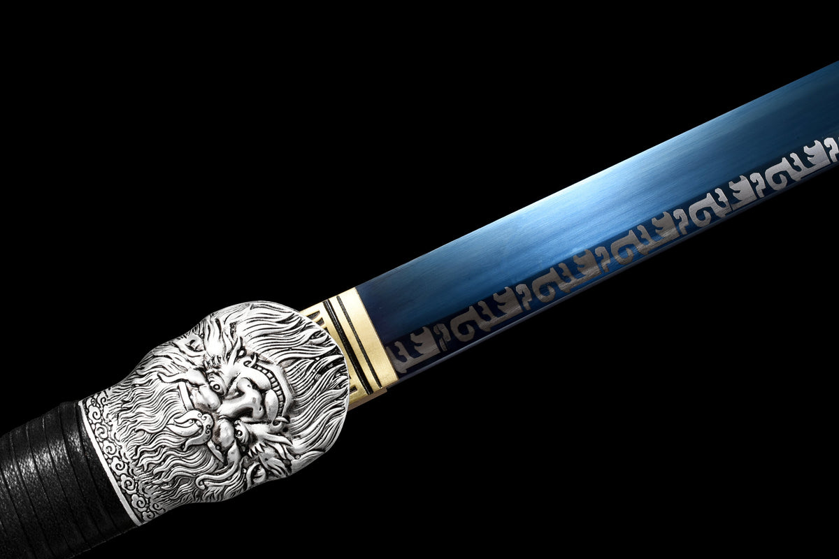 Handgefertigtes Ninja-Schwert, Federstahl, blaue Klinge, Full Tang, schwarze Lederscheide – 107 cm, echtes Katana-Schwert