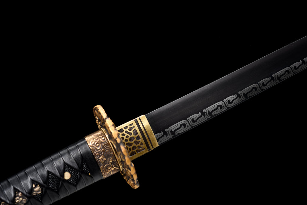 Handgefertigtes Ninjato-Schwert, Manganstahl, Full-Tang, schwarze Klinge, echtes Katana-Schwert