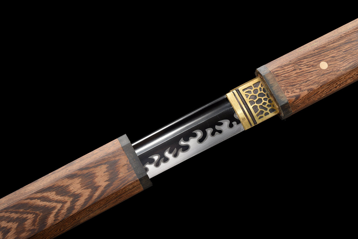 Handgefertigtes Ninja-Schwert, Klinge aus Manganstahl, Full-Tang, goldene Lederscheide - 107 cm, echtes Katana-Schwert