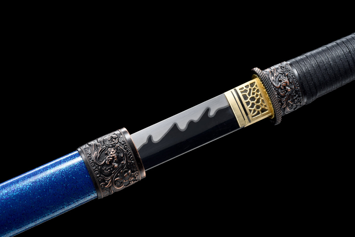 Handgefertigtes Ninjato-Schwert, Manganstahl, Full Tang, schwarze Klinge, echtes Katana-Schwert