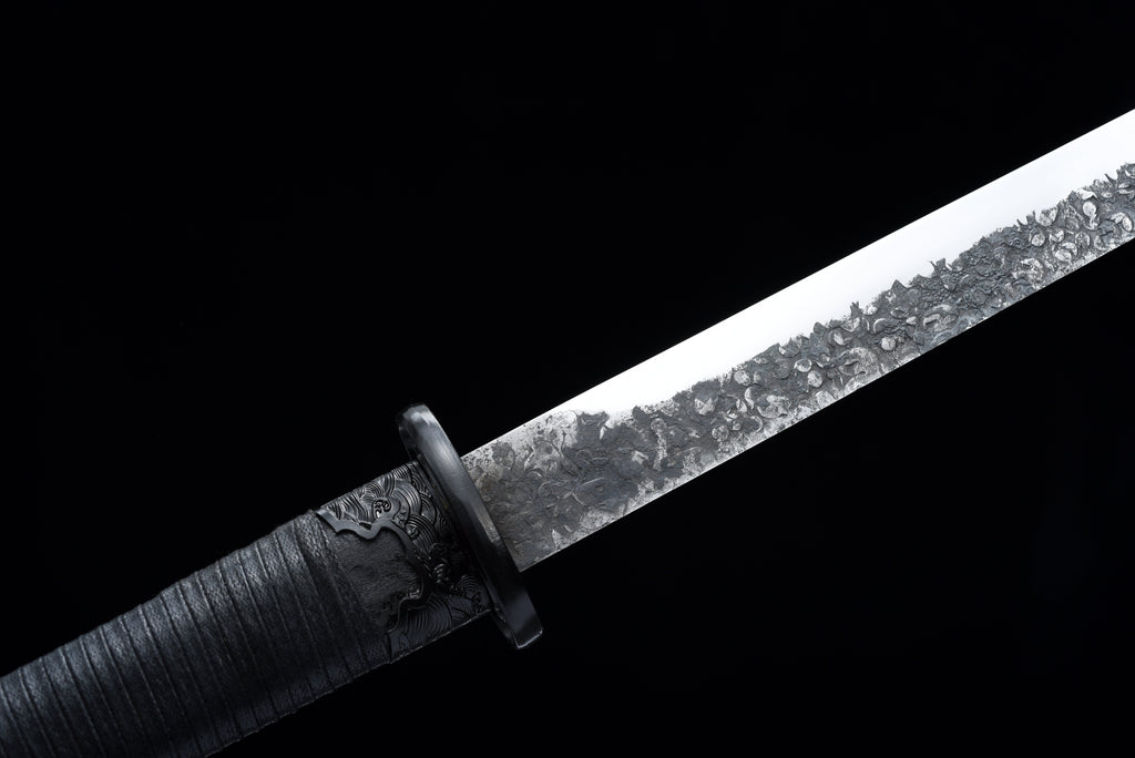 Handgefertigtes Ninjato-Schwert, Federstahl, Full Tang, schwarze Scheide - 107 cm, echtes Katana-Schwert