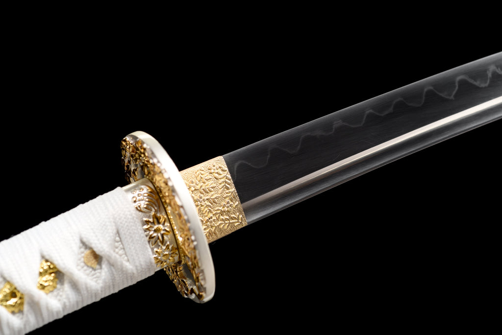 Handgefertigtes Full-Tang-Wakizashi-Schwert, Klinge aus T10-Kohlenstoffstahl, lehmgehärtet, blaue Scheide – 79 cm, echtes Katana-Schwert