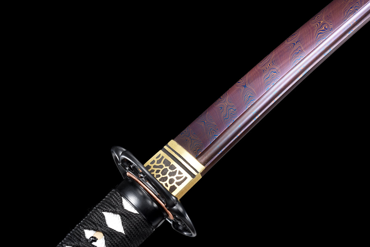 Handgefertigtes Wakizashi-Schwert, roter Damaszener-Stahl mit blauer Scheide – 79 cm, echtes Katana-Schwert