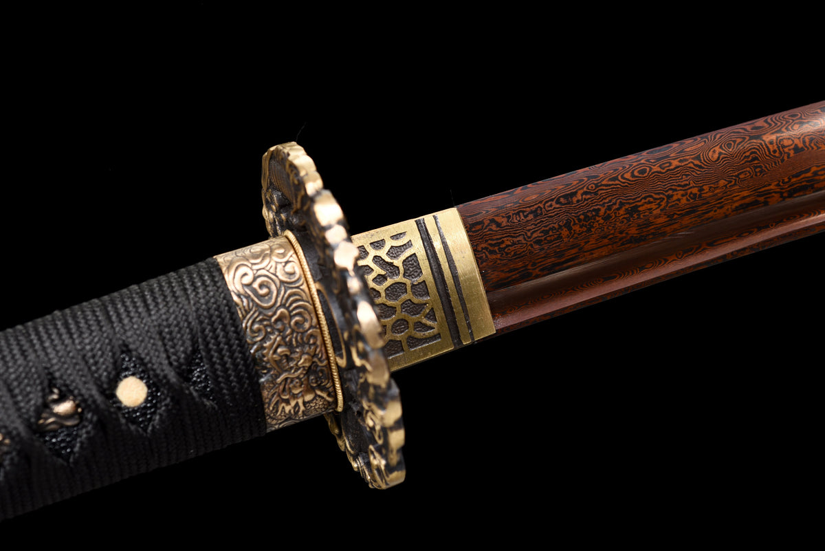 Handgefertigtes Wakizashi-Schwert aus rotem Damaststahl mit weißer Lederscheide – 79 cm, echtes Katana-Schwert