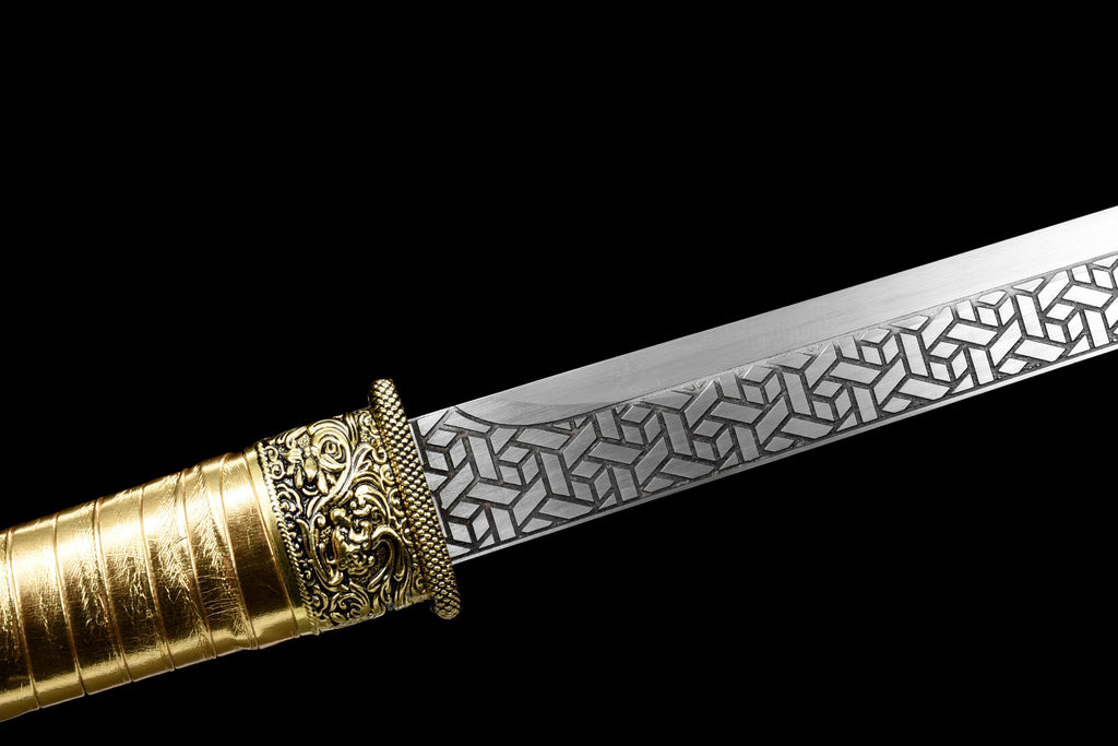 Handgefertigtes Ninja-Schwert, 1045 Kohlenstoffstahl-Klinge, Full Tang, goldene Scheide - 104 cm, echtes Katana-Schwert