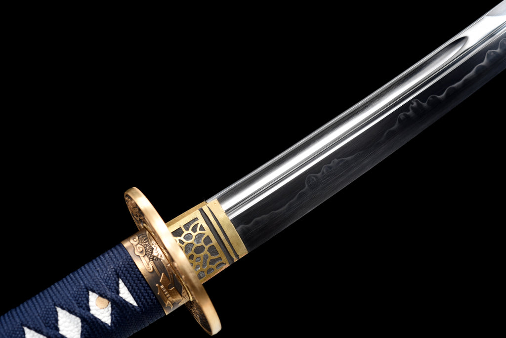 Handgefertigtes Full-Tang-Wakizashi-Schwert, Klinge aus T10-Kohlenstoffstahl, differenziell gehärtet, blau gepunktete Scheide – 79 cm, echtes Katana-Schwert