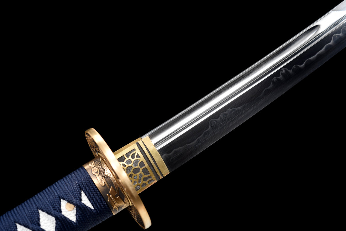 Handgefertigtes Full-Tang-Wakizashi-Schwert, Klinge aus T10-Kohlenstoffstahl, differenziell gehärtet, blau gepunktete Scheide – 79 cm, echtes Katana-Schwert