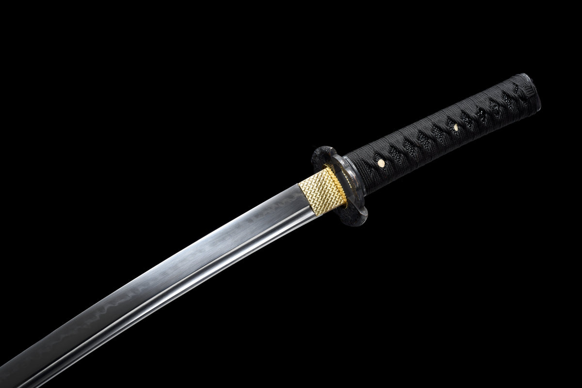 Handgefertigtes Full-Tang-Wakizashi-Schwert, T10-Stahl, lehmgehärtete Klinge, schwarze Scheide – 31 Zoll, echtes Katana-Schwert