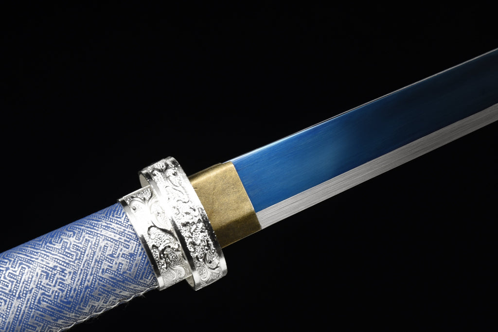 Handgefertigtes Ninja-Schwert, Manganstahl, blaue Klinge, Full-Tang, blau bedruckte Scheide – 104 cm, echtes Katana-Schwert