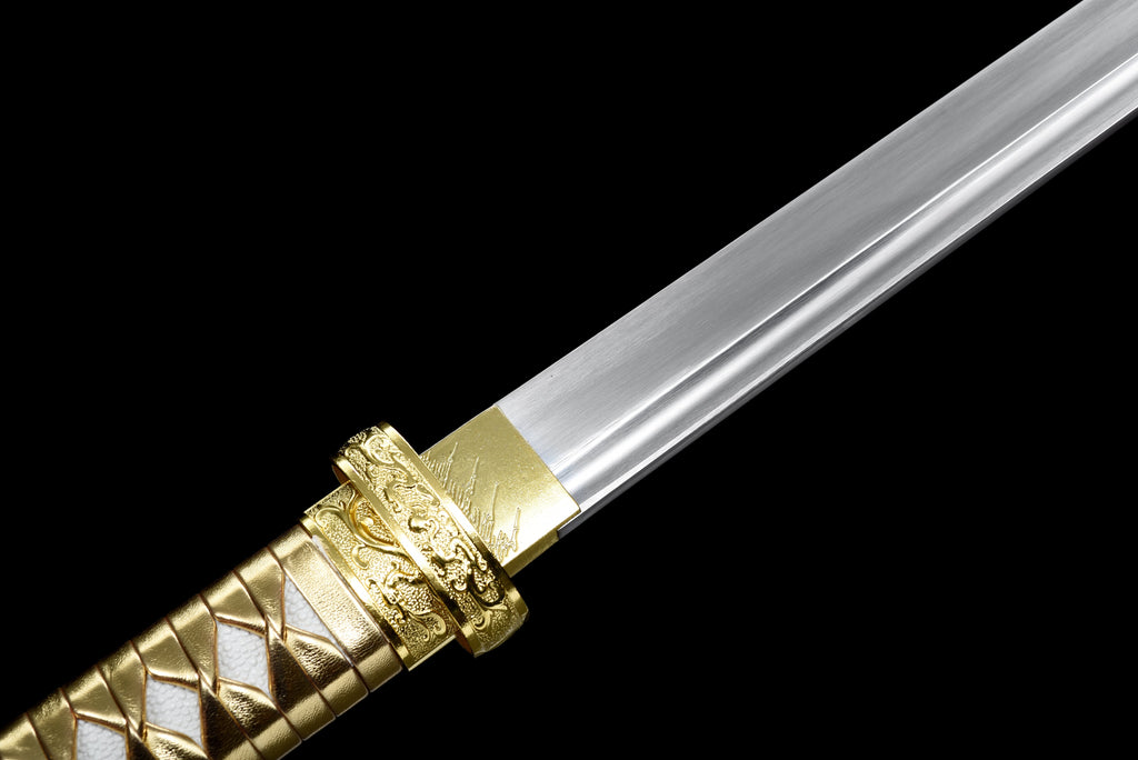 Handgefertigtes Ninja-Schwert, Klinge aus Manganstahl, Full Tang, goldene Scheide – 104 cm, echtes Katana-Schwert