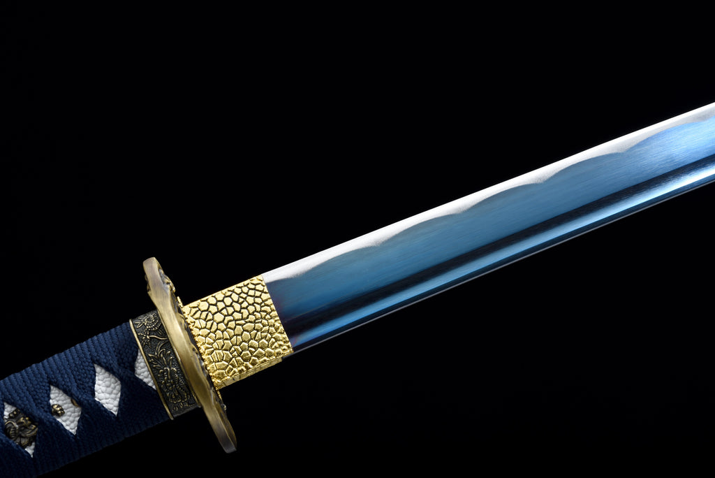 Handgefertigtes Wakizashi-Schwert aus 1045 Kohlenstoffstahl mit blauer Scheide – 31 Zoll, echtes Katana-Schwert