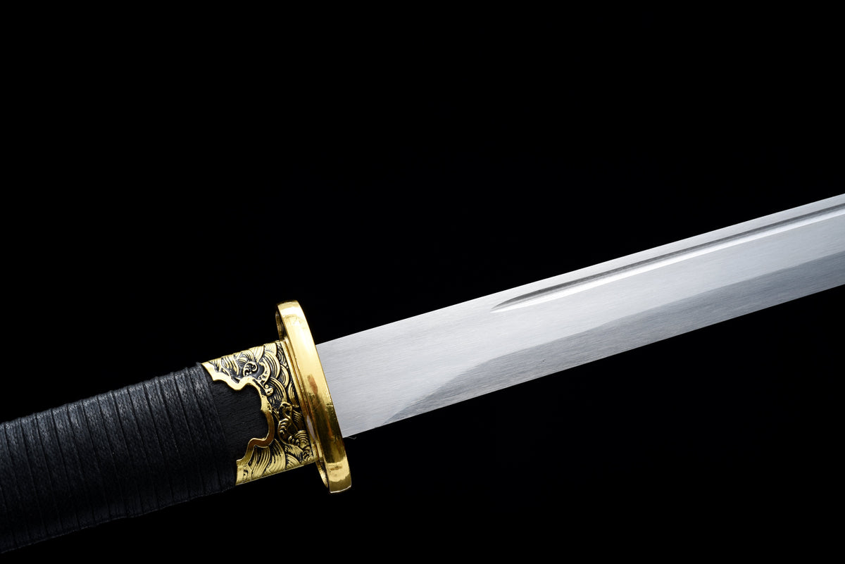 Handgefertigtes Ninja-Schwert, Klinge aus Manganstahl, Full Tang, goldene Lederscheide – 107 cm, echtes Katana-Schwert