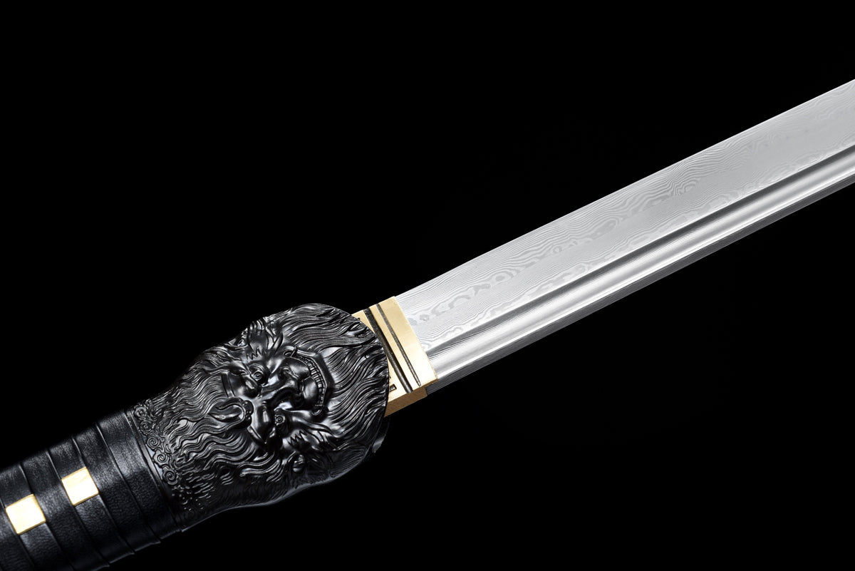 Handgefertigtes Ninjato-Schwert aus Damaszener Stahl, Full Tang, goldene Lederscheide mit schwarzer Kordelwicklung, echtes Katana-Schwert