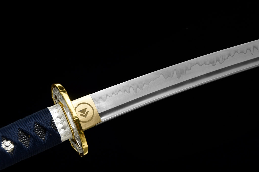 Handgefertigtes Full-Tang-Wakizashi-Schwert, Klinge aus T10-Kohlenstoffstahl, lehmgehärtet, blaue Scheide – 79 cm, echtes Katana-Schwert
