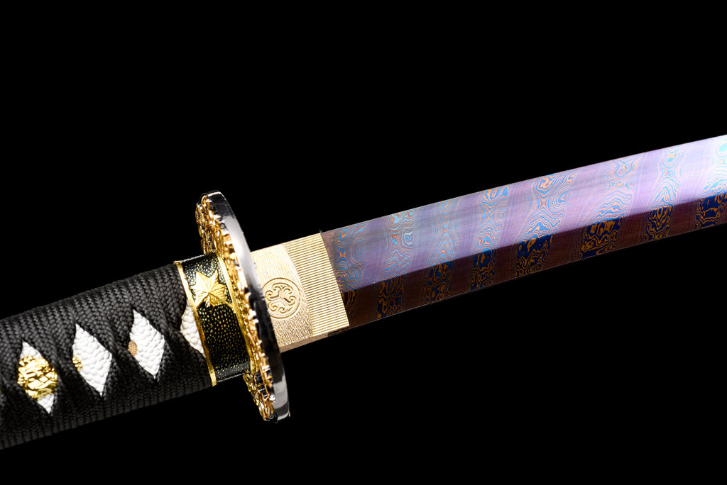 Handgefertigtes Wakizashi-Schwert, roter Damaszenerstahl mit Chroma-Scheide - 79 cm, echtes Katana-Schwert