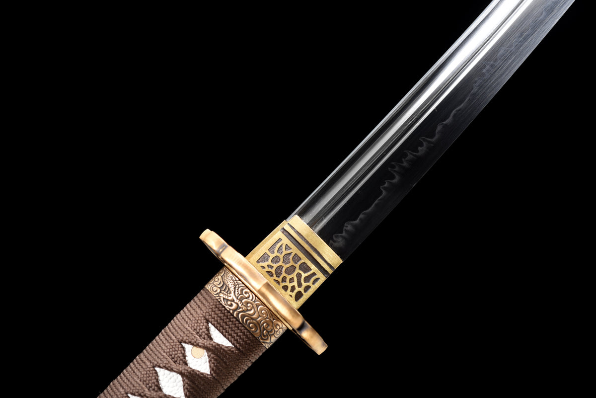 Handgefertigtes Full-Tang-Wakizashi-Schwert, T10-Stahl, Unokubi-Zukuri-Klingenstil, lehmgehärtete Klinge, schwarz bedruckte Scheide - 79 cm, echtes Katana-Schwert