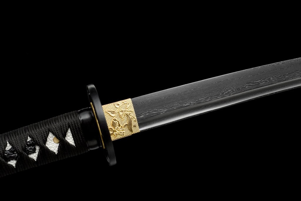 Handmade Wakizashi Sword Black Damascus steel With Black Scabbard - 31 in,Real katana sowrd