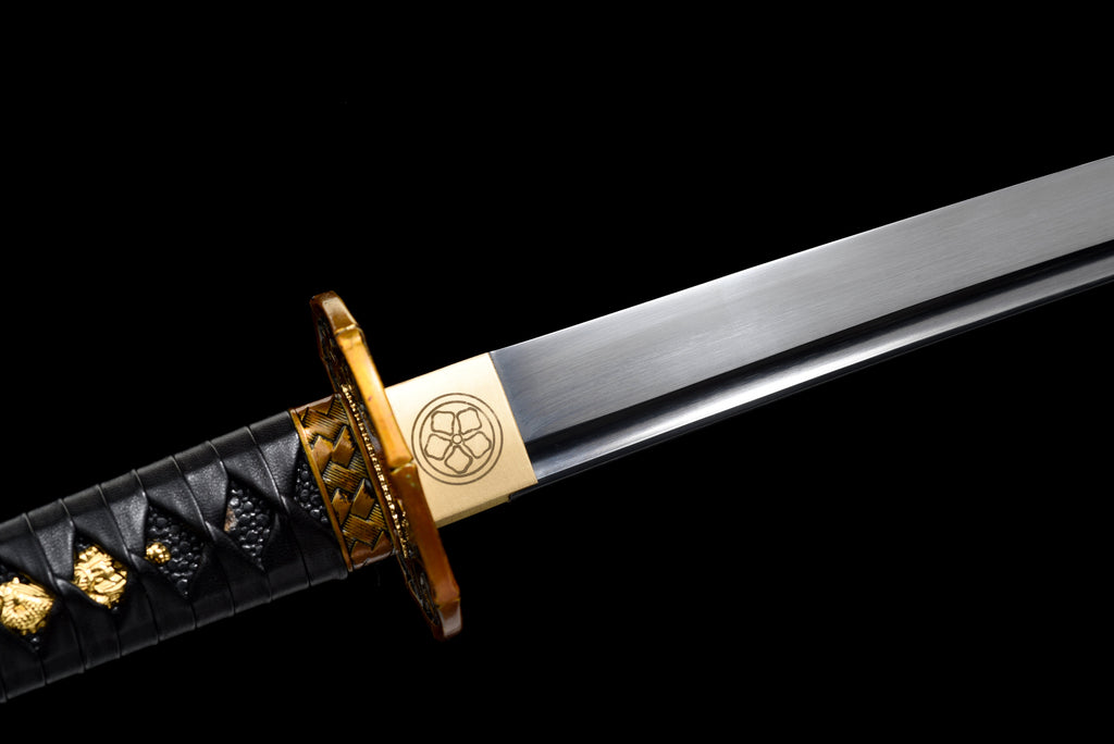 Handgefertigtes Wakizashi-Schwert aus Manganstahl mit schwarzer Lederscheide – 79 cm, echtes Katana-Schwert