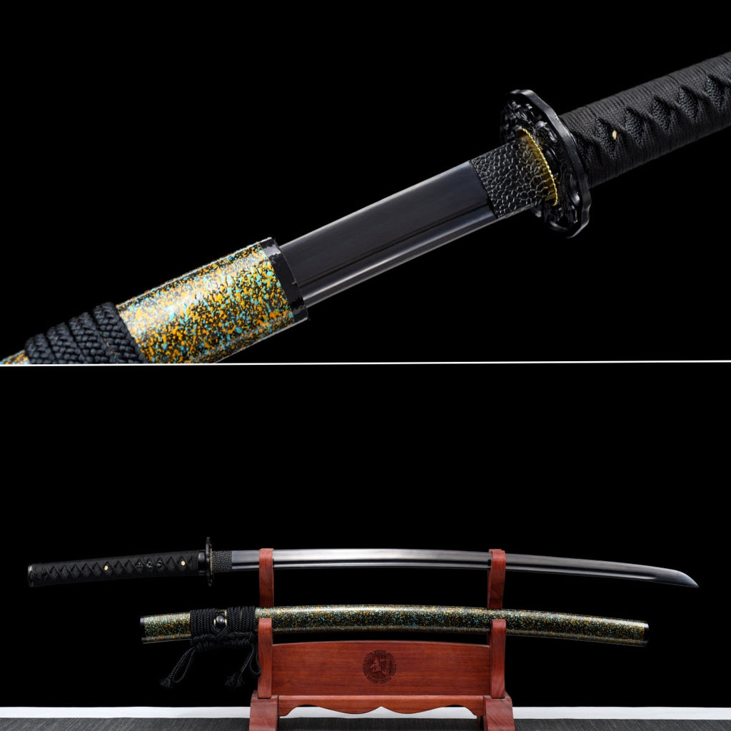 Handgefertigtes Full-Tang-Katana aus 1060er Kohlenstoffstahl, schwarze Klinge, echtes Katana-Schwert