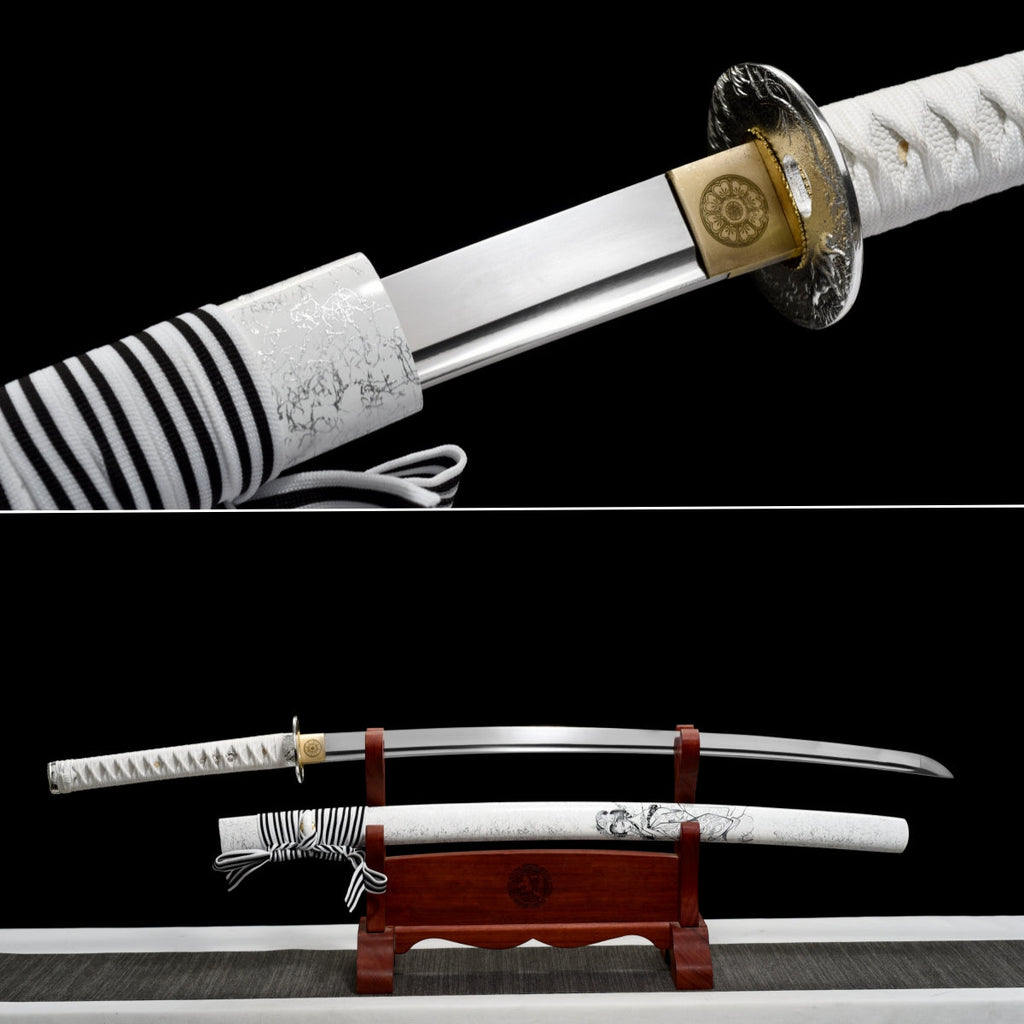 Handgefertigtes Katana mit durchgehender Klinge aus 1095 Kohlenstoffstahl, weiße Scheide, echtes Katana-Schwert