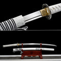 Handgefertigtes Katana mit durchgehender Klinge aus 1095 Kohlenstoffstahl, weiße Scheide, echtes Katana-Schwert