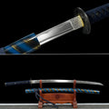 Handgefertigtes Full-Tang-Katana aus 1045er Kohlenstoffstahl, blaue Schwertscheide, echtes Katana-Schwert