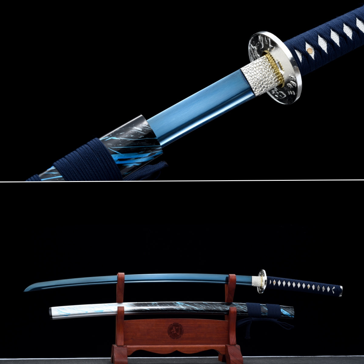 Handgefertigtes Full-Tang-Katana, 1095 Kohlenstoffstahl, blaue Klinge, echtes Katana-Schwert