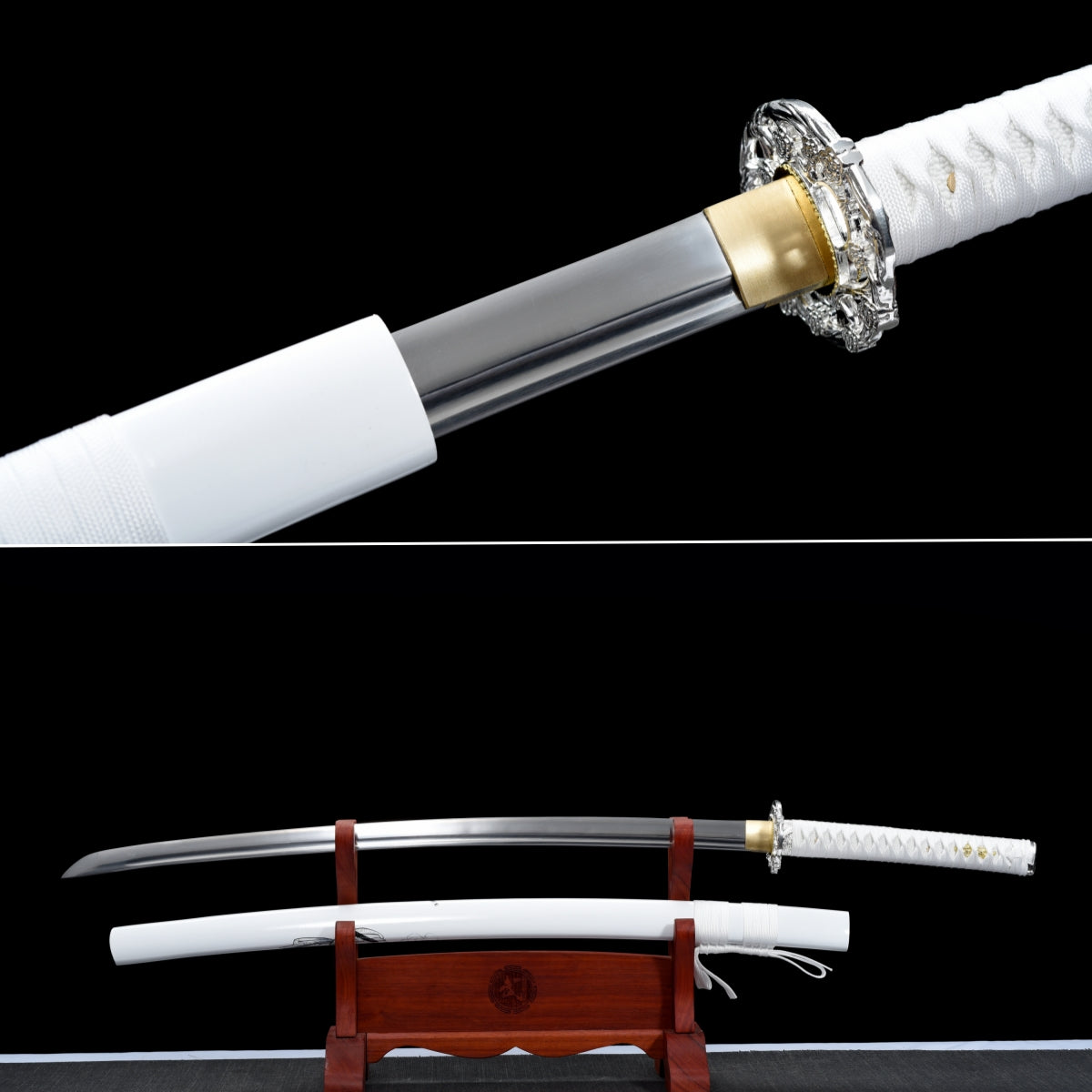 Handgefertigtes Full-Tang-Katana, 1045er Kohlenstoffstahl, weiße Schwertscheide, echtes Katana-Schwert