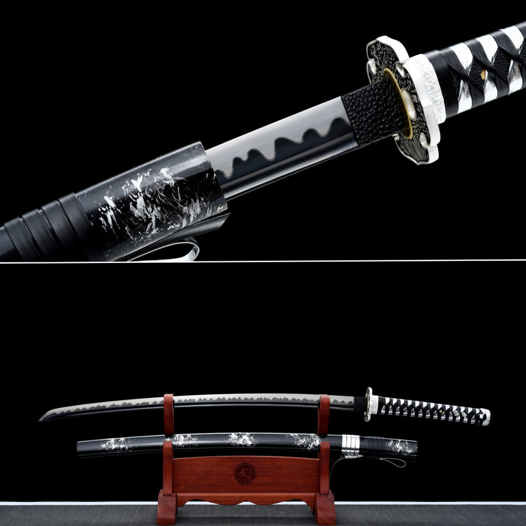 Handgefertigtes Full-Tang-Katana aus 1095er Kohlenstoffstahl mit schwarzer Klinge, echtes Katana-Schwert